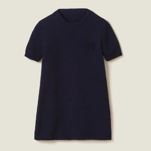 NWT Miu Miu Sheath Mini Dress Sz 36 Wool Knit In Blue Crewneck Short Sleeves